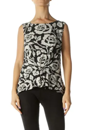 Beige Black Floral Print Knot Detail Tank Top