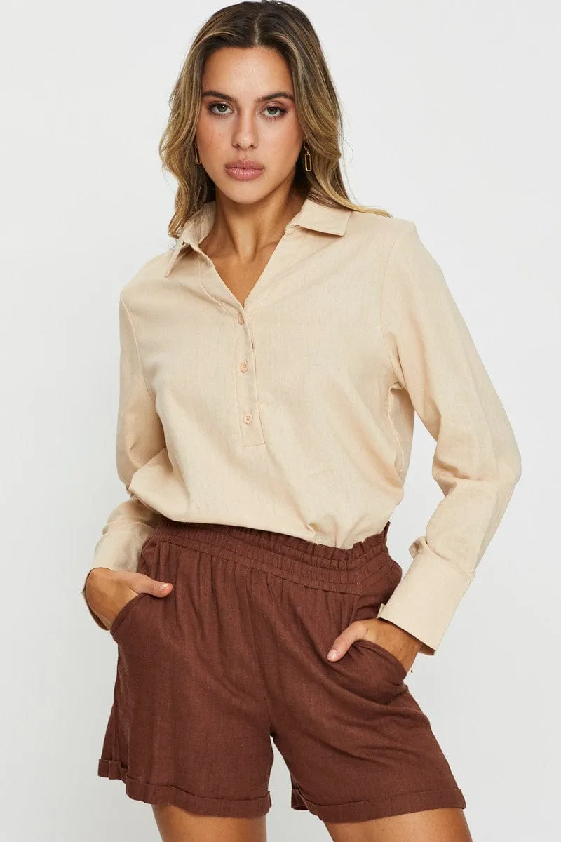 Beige Oversized Shirts Collared