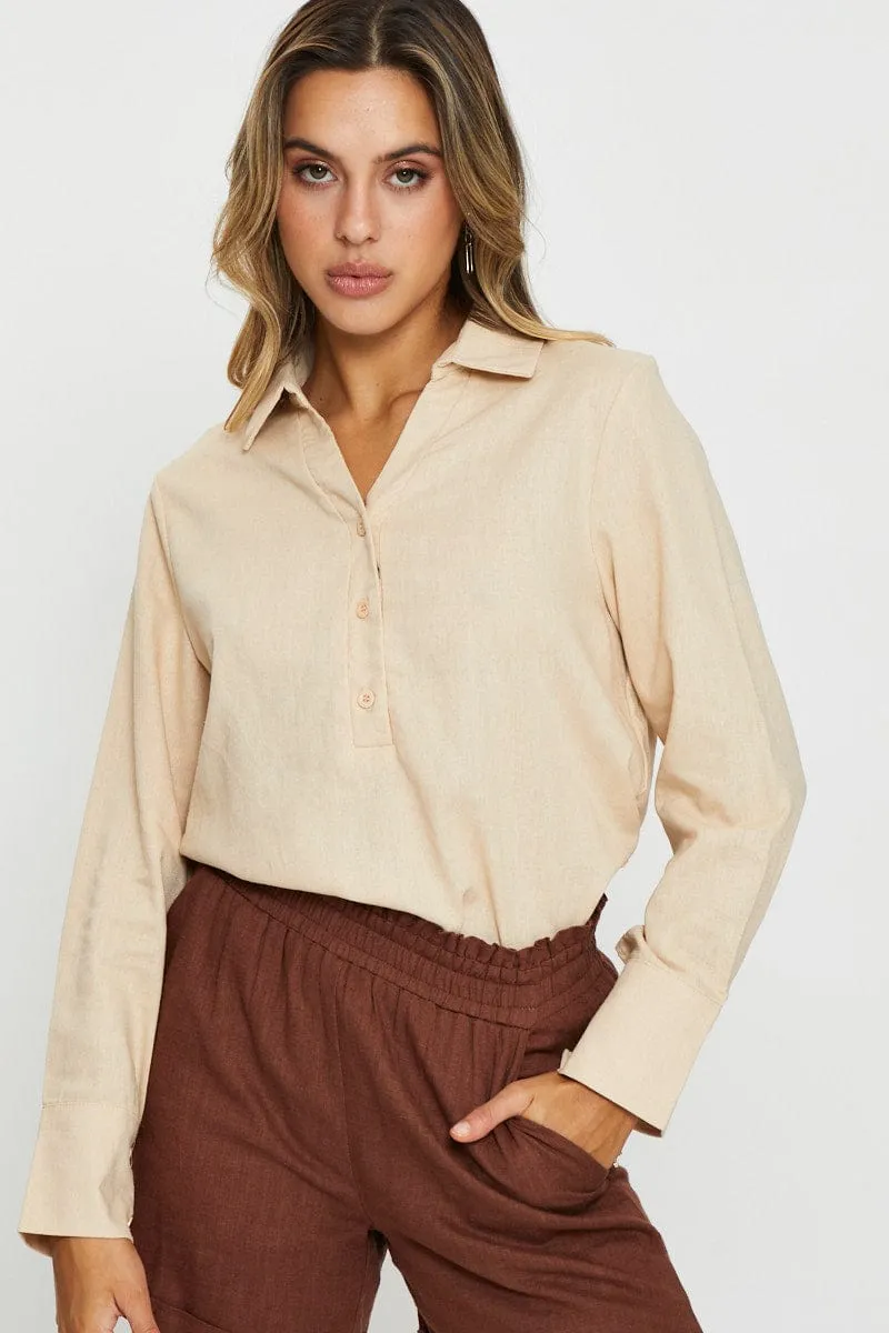 Beige Oversized Shirts Collared