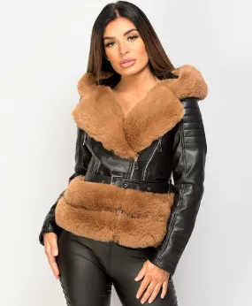 Black Camel Faux Fur Trim PU PVC Hooded Biker Jacket