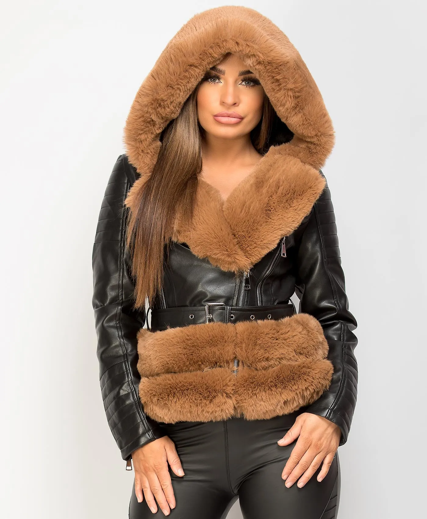 Black Camel Faux Fur Trim PU PVC Hooded Biker Jacket