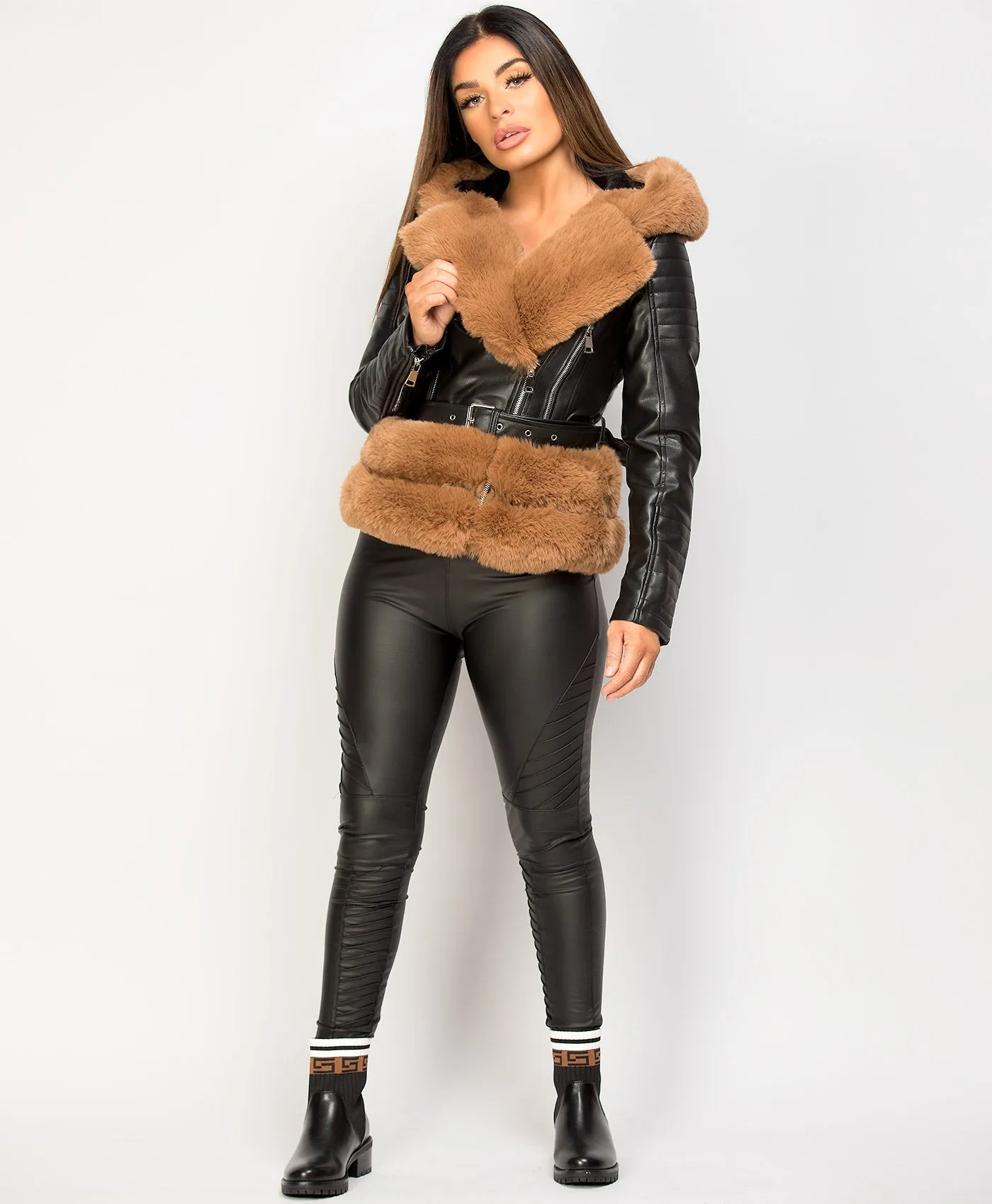 Black Camel Faux Fur Trim PU PVC Hooded Biker Jacket