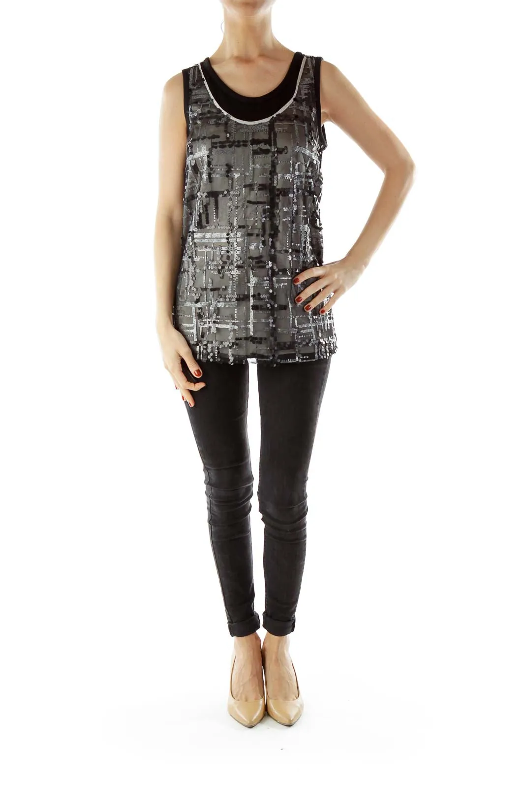 Black Gray Sequined Tank Top