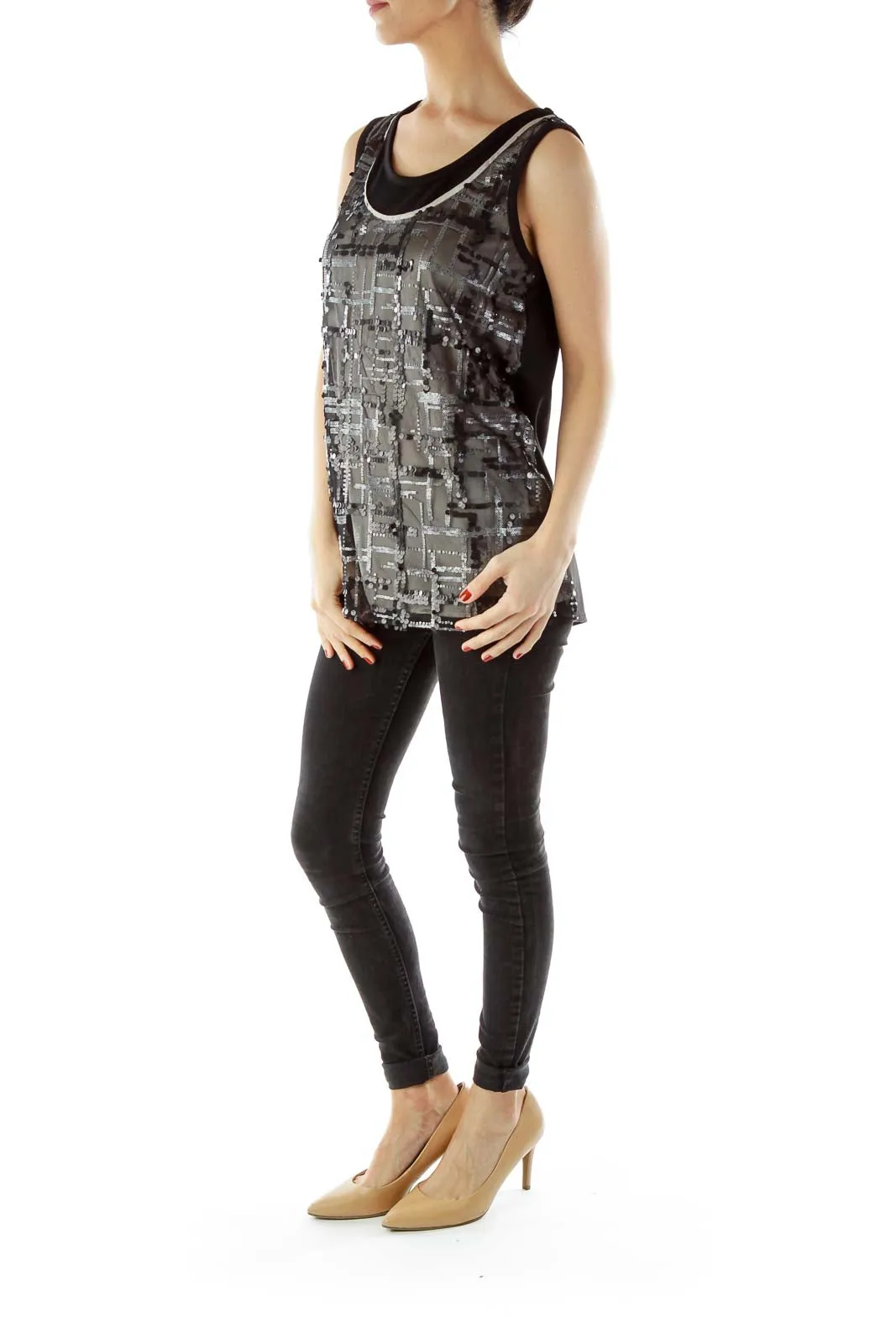 Black Gray Sequined Tank Top