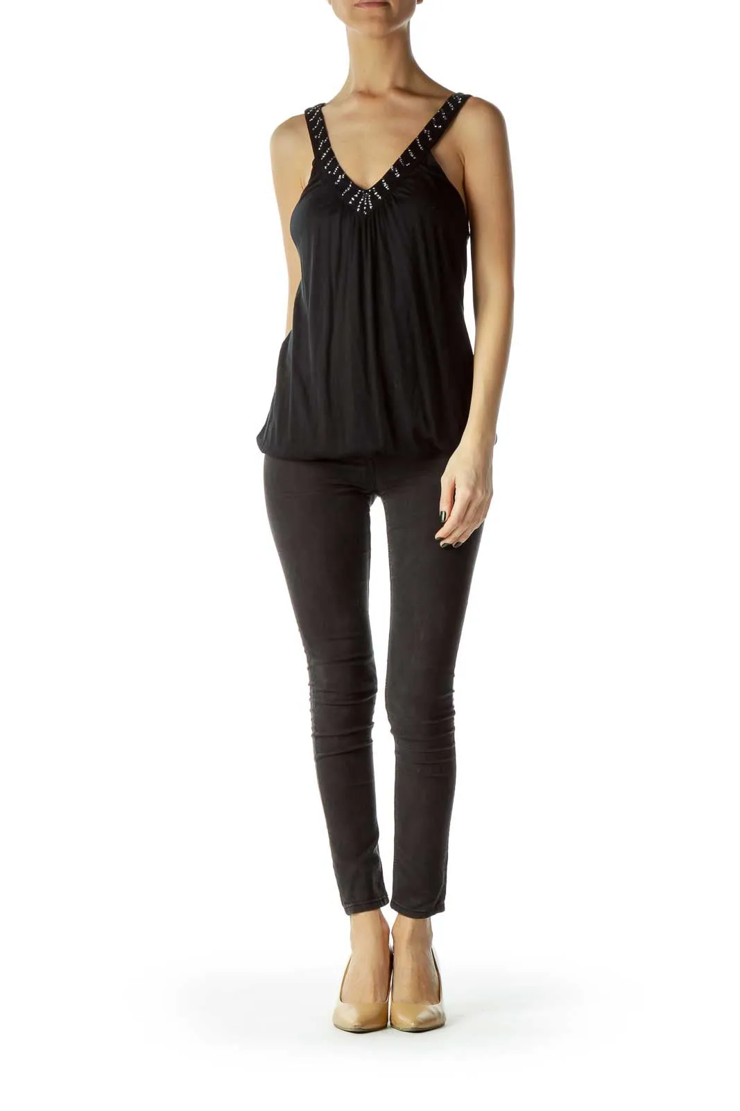 Black Tank with Shiny Neck Detail