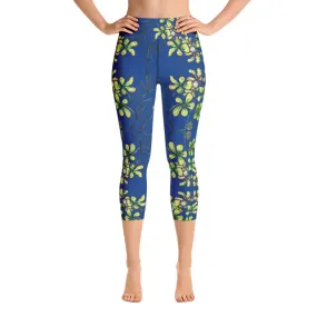 Blue Orchids Yoga Capri Leggings, Floral Print Women's Yoga Capris Tights-Made in USA/EU