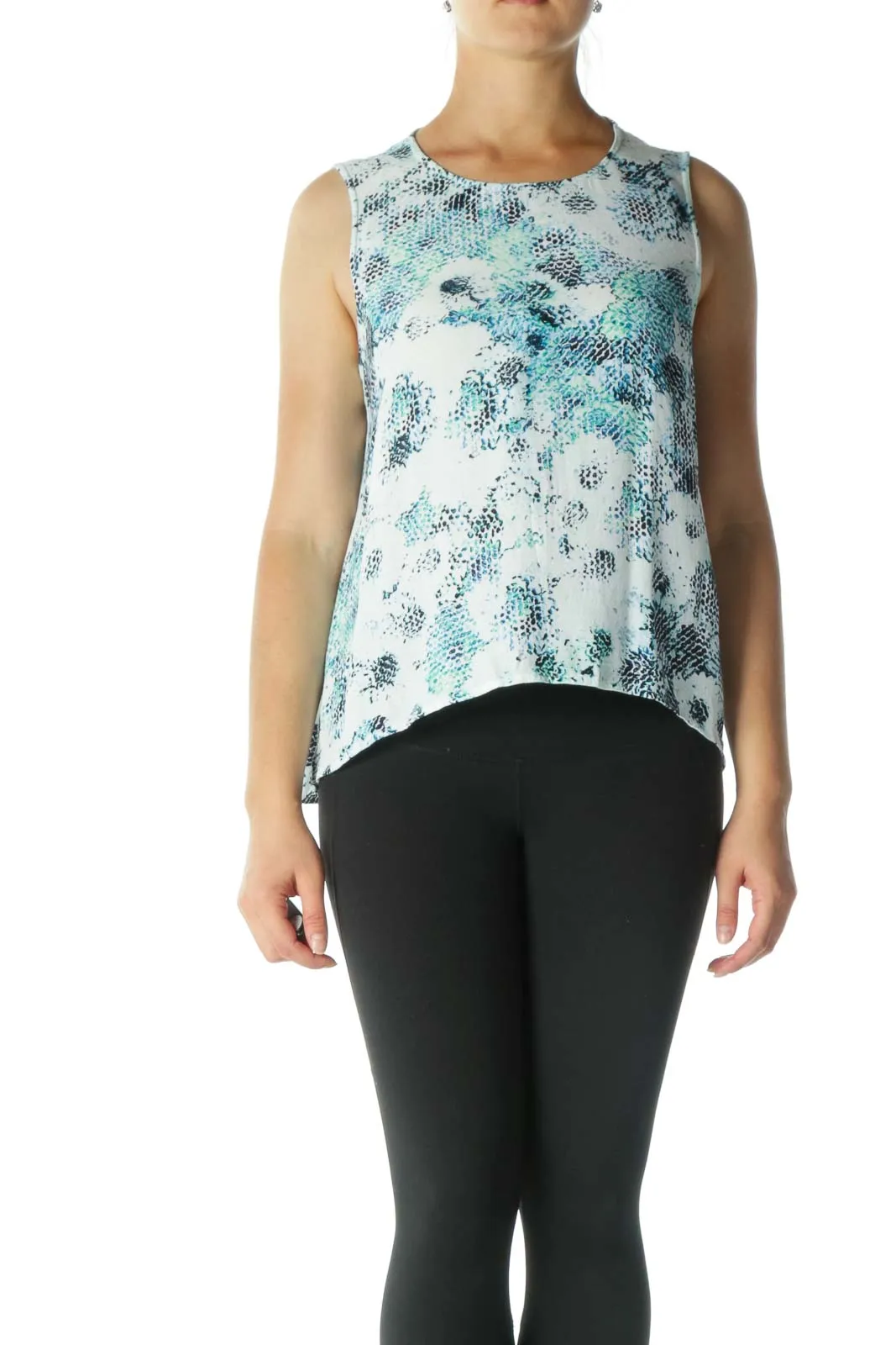 Blue White Snake Print Round Neck Tank Top