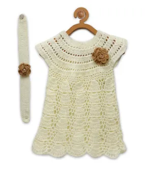 ChutPut Hand knitted Crochet Cream Wedding Wool Dress For Baby Girls