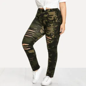 Fashion Womens Camouflage Lady Holes Leggings Pants