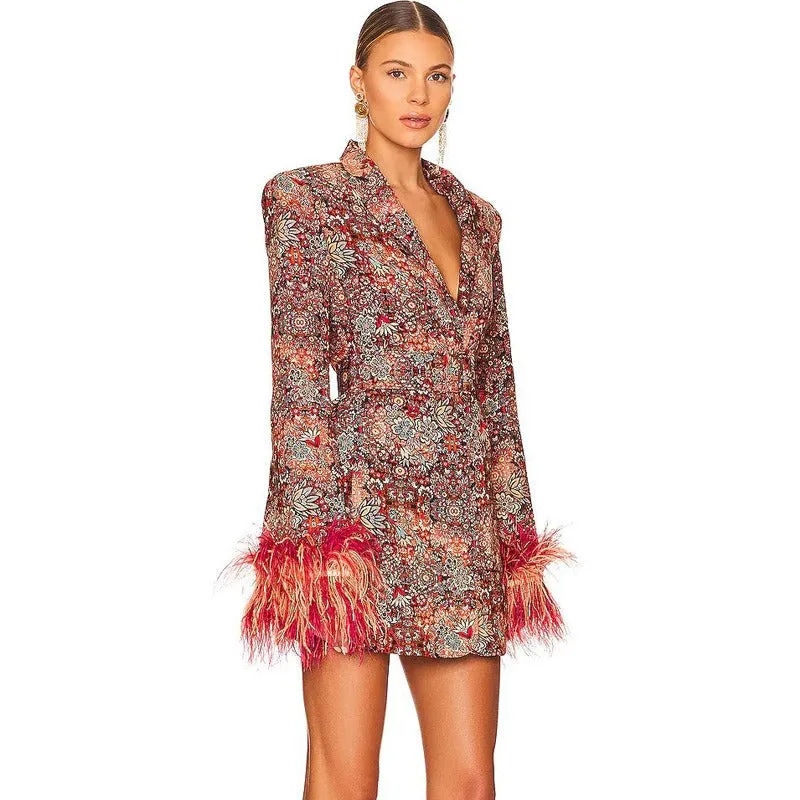 Floral Feather Long Sleeve Mini Blazer Dress