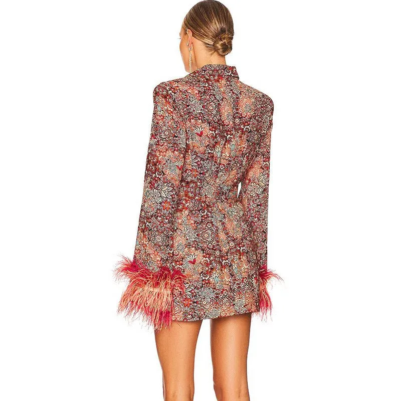 Floral Feather Long Sleeve Mini Blazer Dress