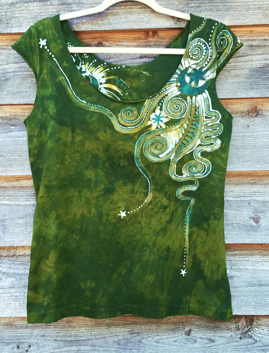 Moon Beams In Dancing Green Batik Top