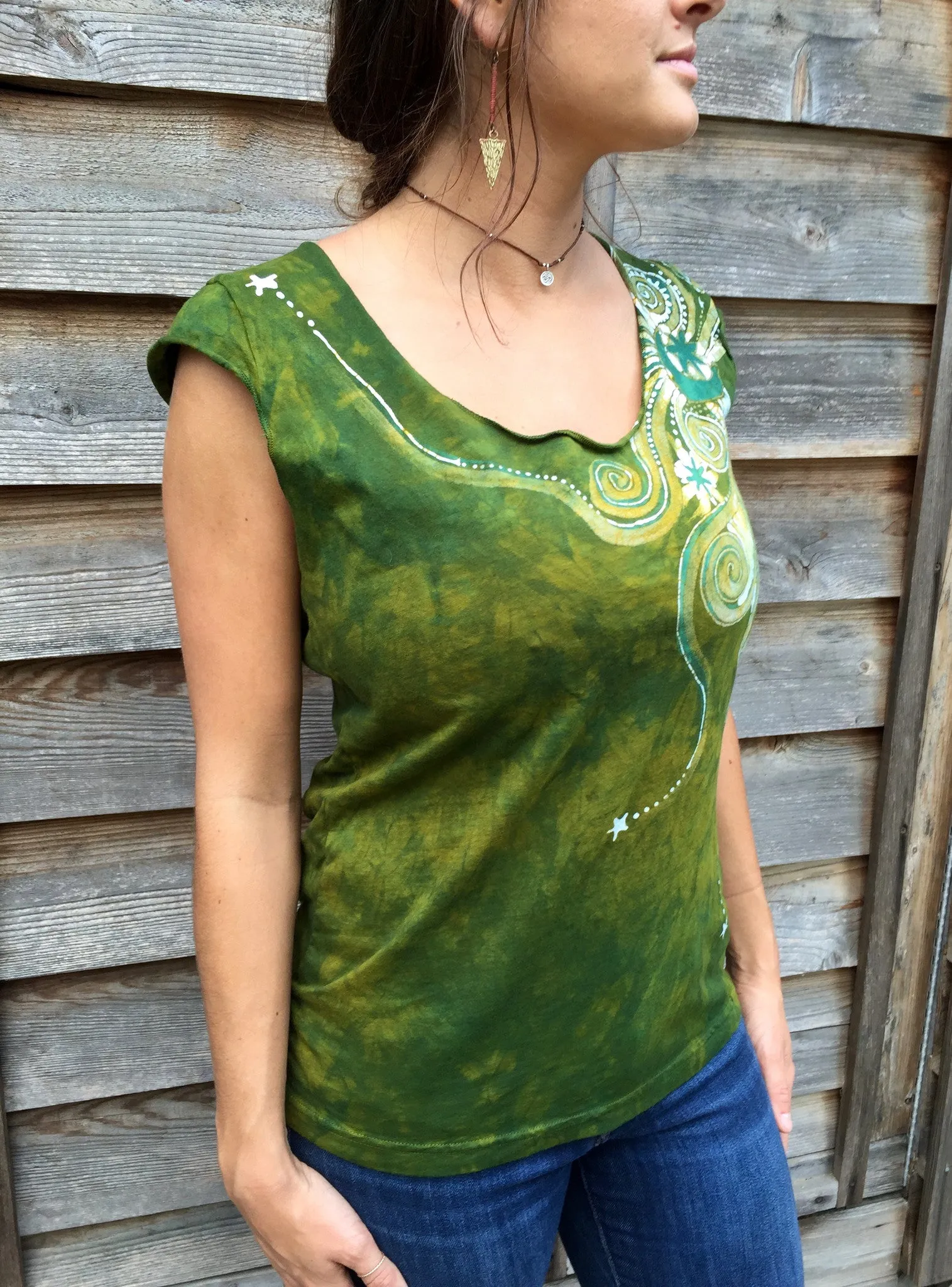 Moon Beams In Dancing Green Batik Top