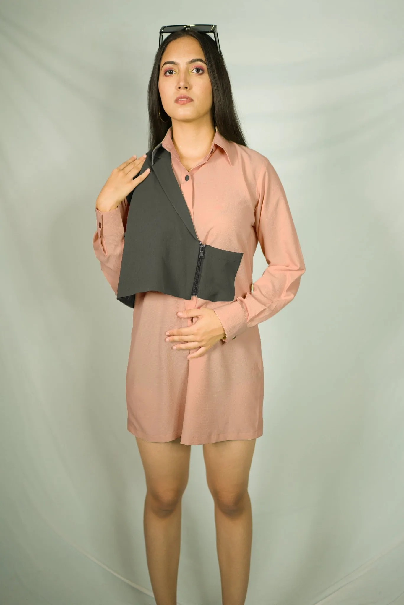 One Side Blazer Over Shirt Dress In Grey