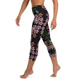 Pink Floral Yoga Capri Leggings, Orchids Flower Print Best Capris Tights-Made in USA/EU