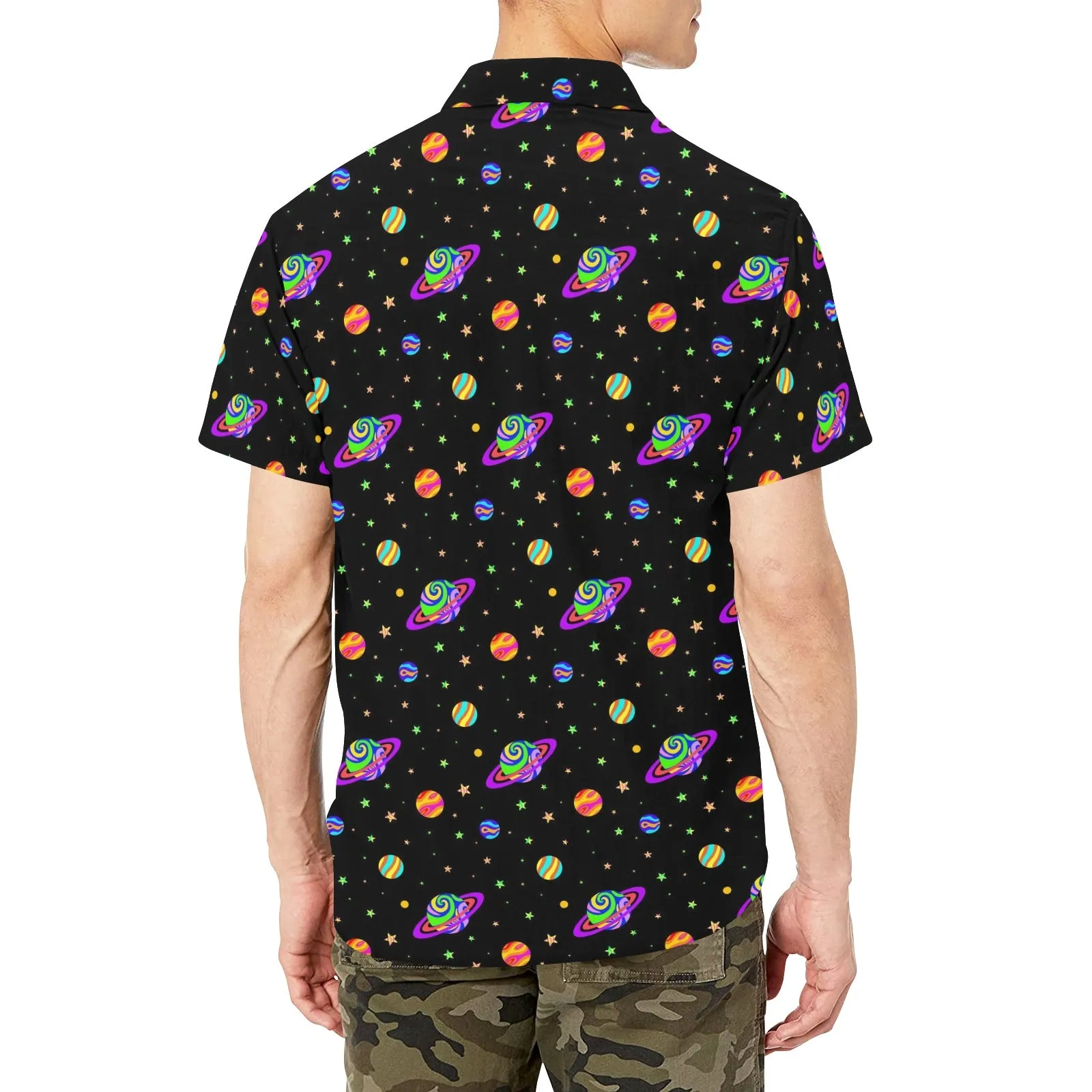 Planets Men Button Down Shirt Chest Pocket, Funky Trippy Space Stars Universe Short Sleeve Casual Print Buttoned Up Collar Dress Shirt