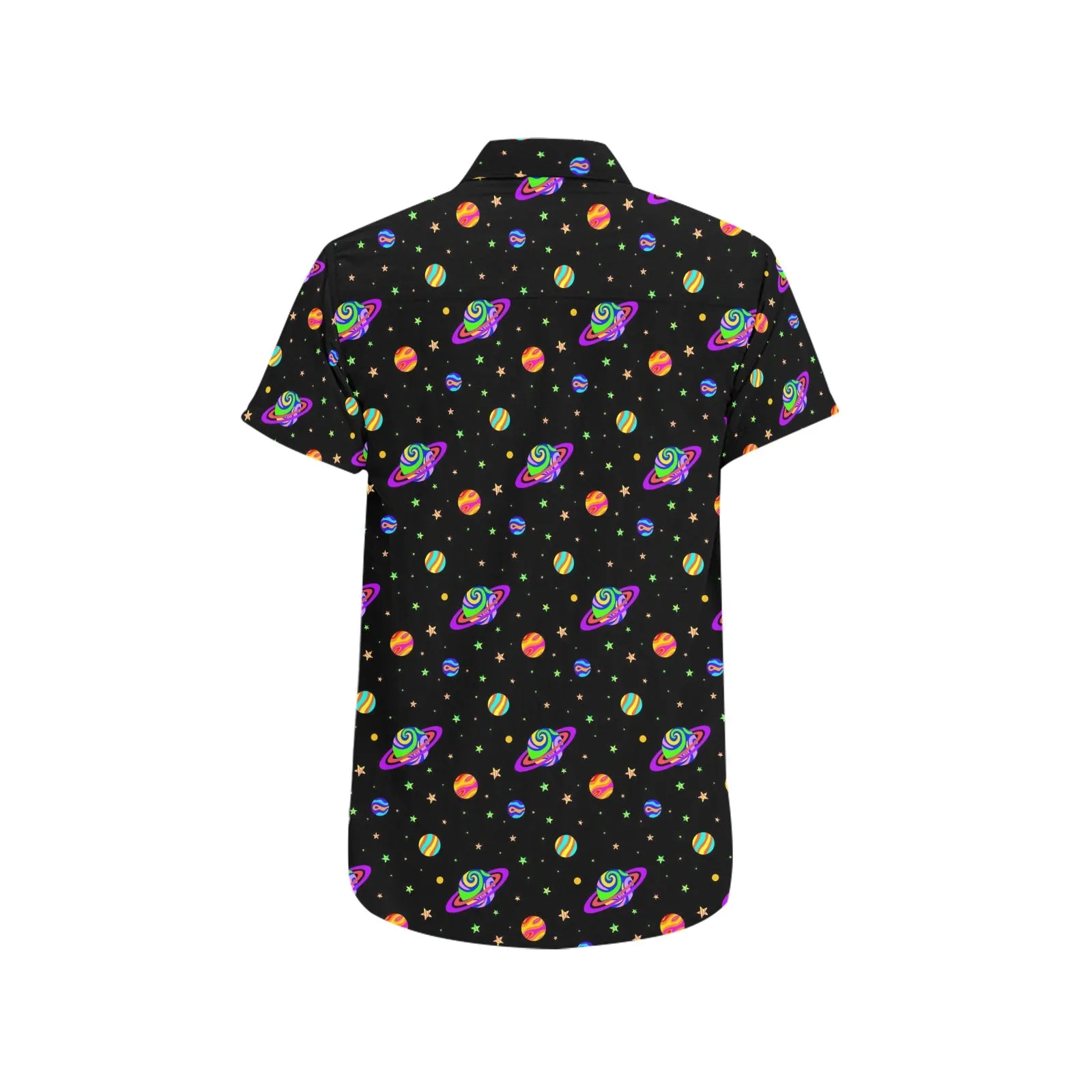 Planets Men Button Down Shirt Chest Pocket, Funky Trippy Space Stars Universe Short Sleeve Casual Print Buttoned Up Collar Dress Shirt