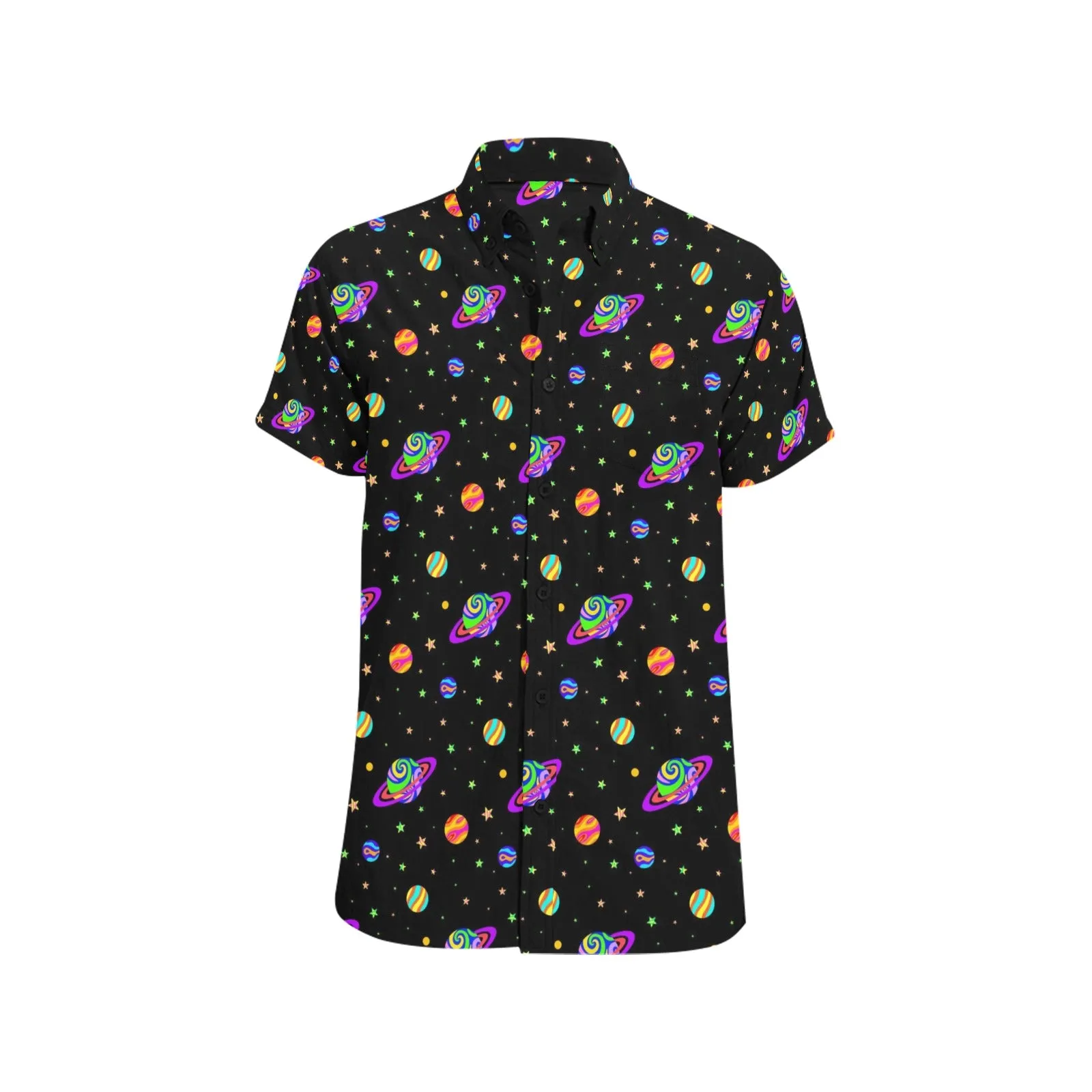 Planets Men Button Down Shirt Chest Pocket, Funky Trippy Space Stars Universe Short Sleeve Casual Print Buttoned Up Collar Dress Shirt