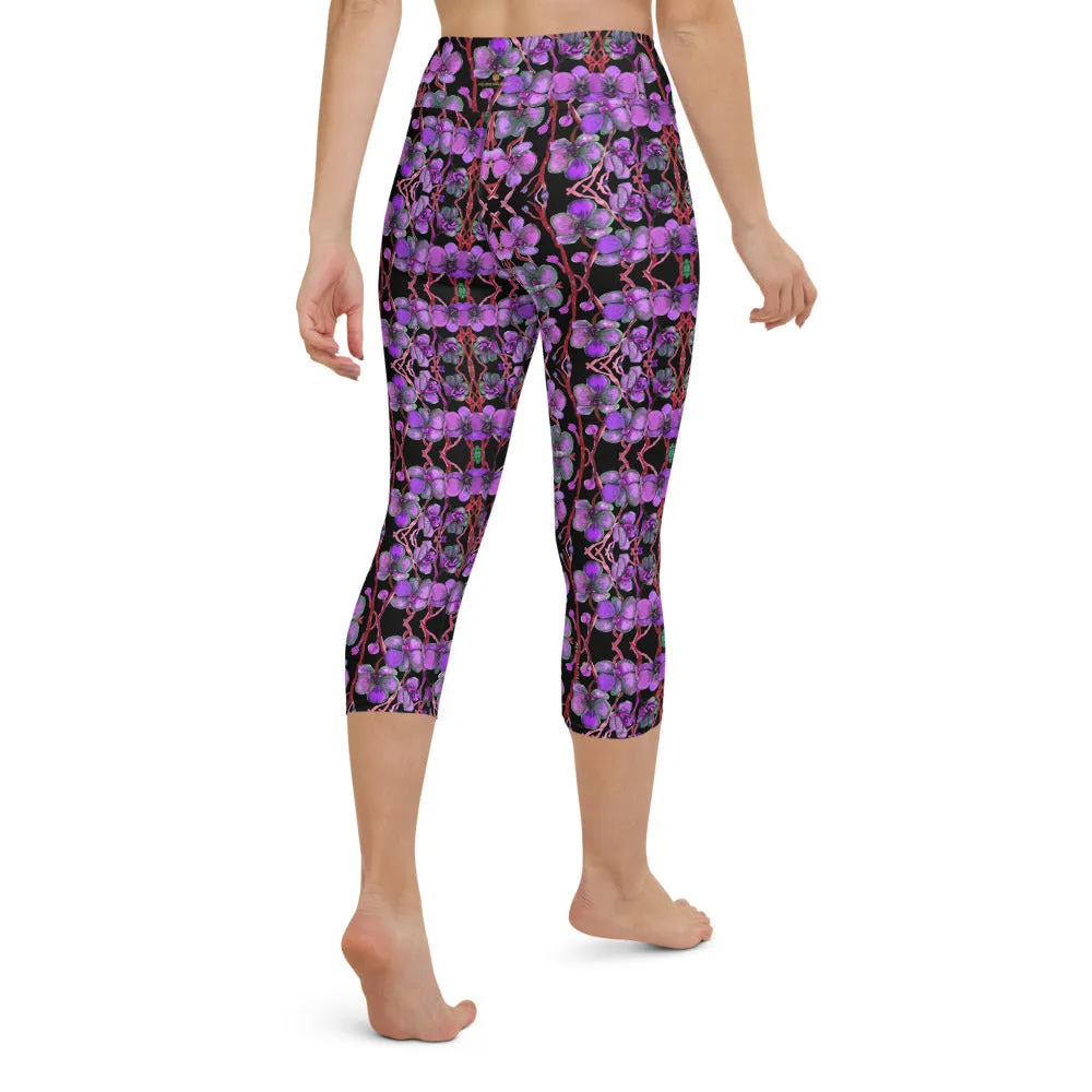 Purple Orchid Yoga Capri Leggings, Women's Floral Print Capris Tights-Made in USA/EU