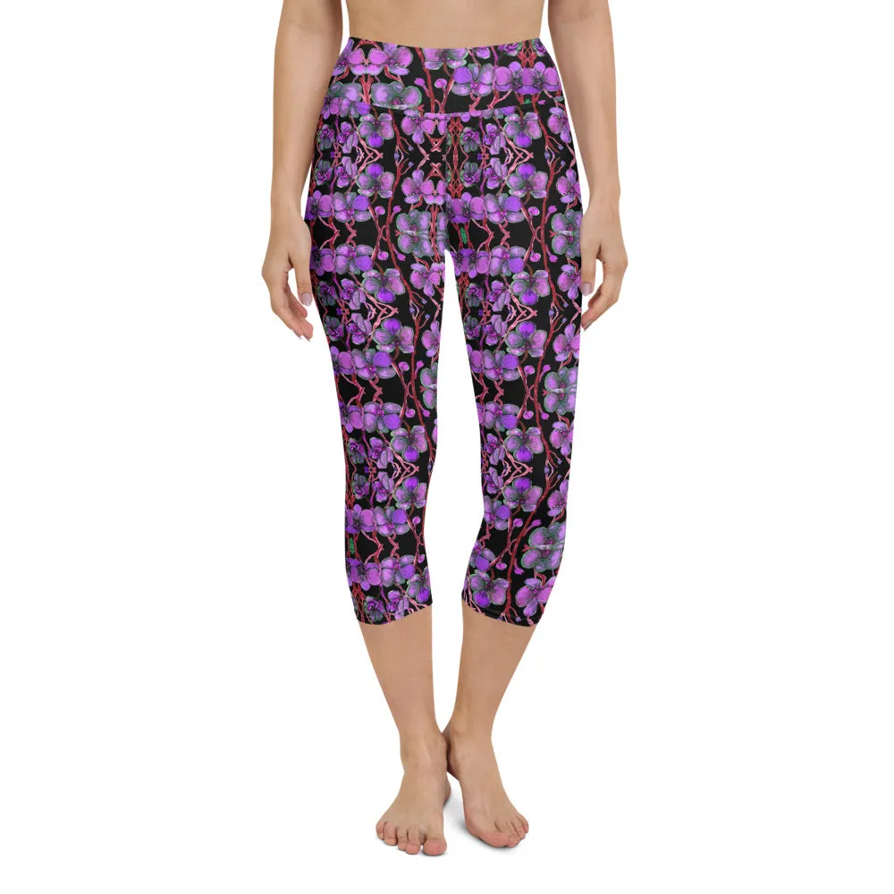 Purple Orchid Yoga Capri Leggings, Women's Floral Print Capris Tights-Made in USA/EU