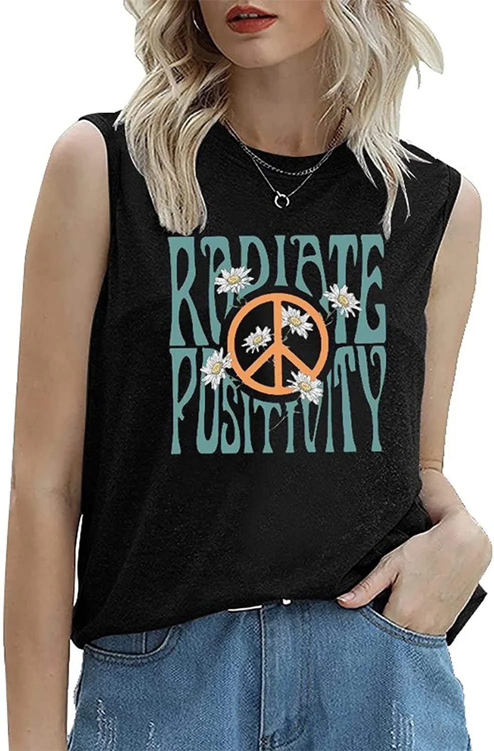 Radiate Positivity Sleeveless Shirt for Women Floral Tank Shirt Peace Love Radiate Positivity Daisy Shirt