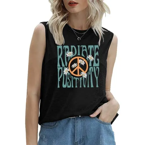 Radiate Positivity Sleeveless Shirt for Women Floral Tank Shirt Peace Love Radiate Positivity Daisy Shirt