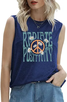 Radiate Positivity Sleeveless Shirt for Women Floral Tank Shirt Peace Love Radiate Positivity Daisy Shirt