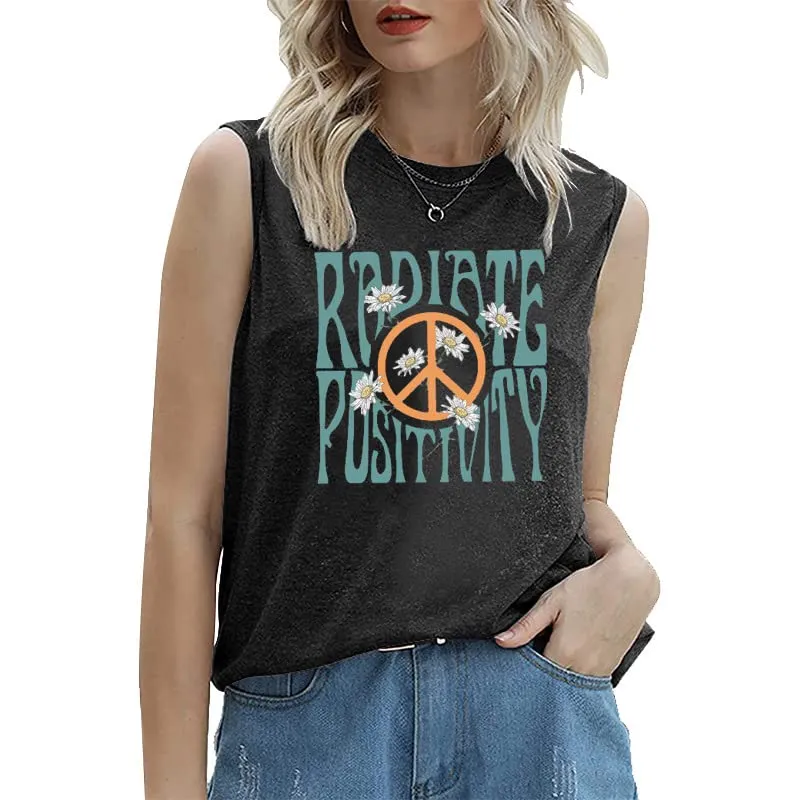 Radiate Positivity Sleeveless Shirt for Women Floral Tank Shirt Peace Love Radiate Positivity Daisy Shirt