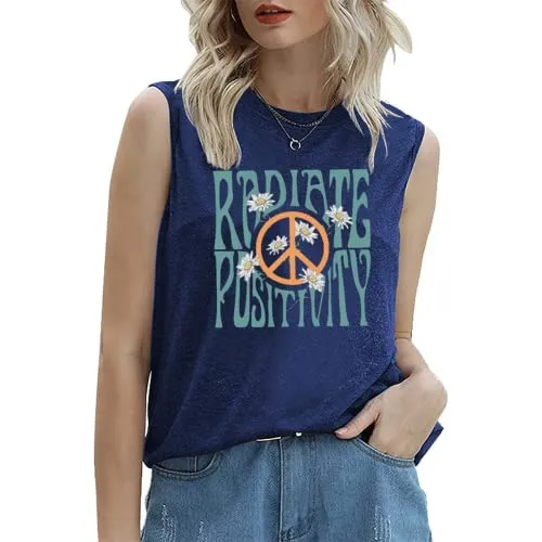 Radiate Positivity Sleeveless Shirt for Women Floral Tank Shirt Peace Love Radiate Positivity Daisy Shirt