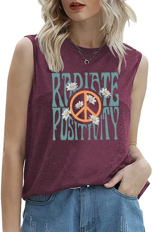 Radiate Positivity Sleeveless Shirt for Women Floral Tank Shirt Peace Love Radiate Positivity Daisy Shirt