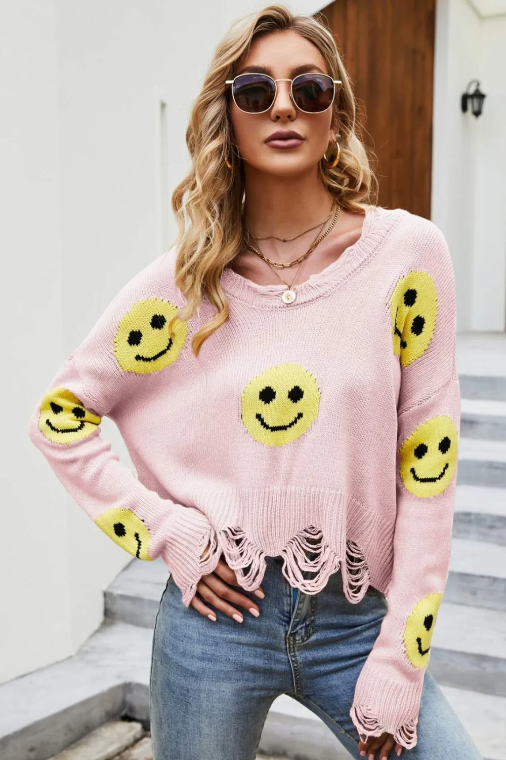 Smiley Face Distressed Round Neck Sweater