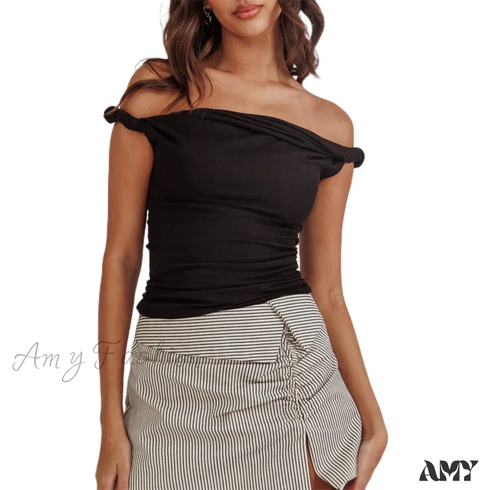 Twisted Off Shoulder Cotton Solid Color Elegant Slim Fit Crop Top