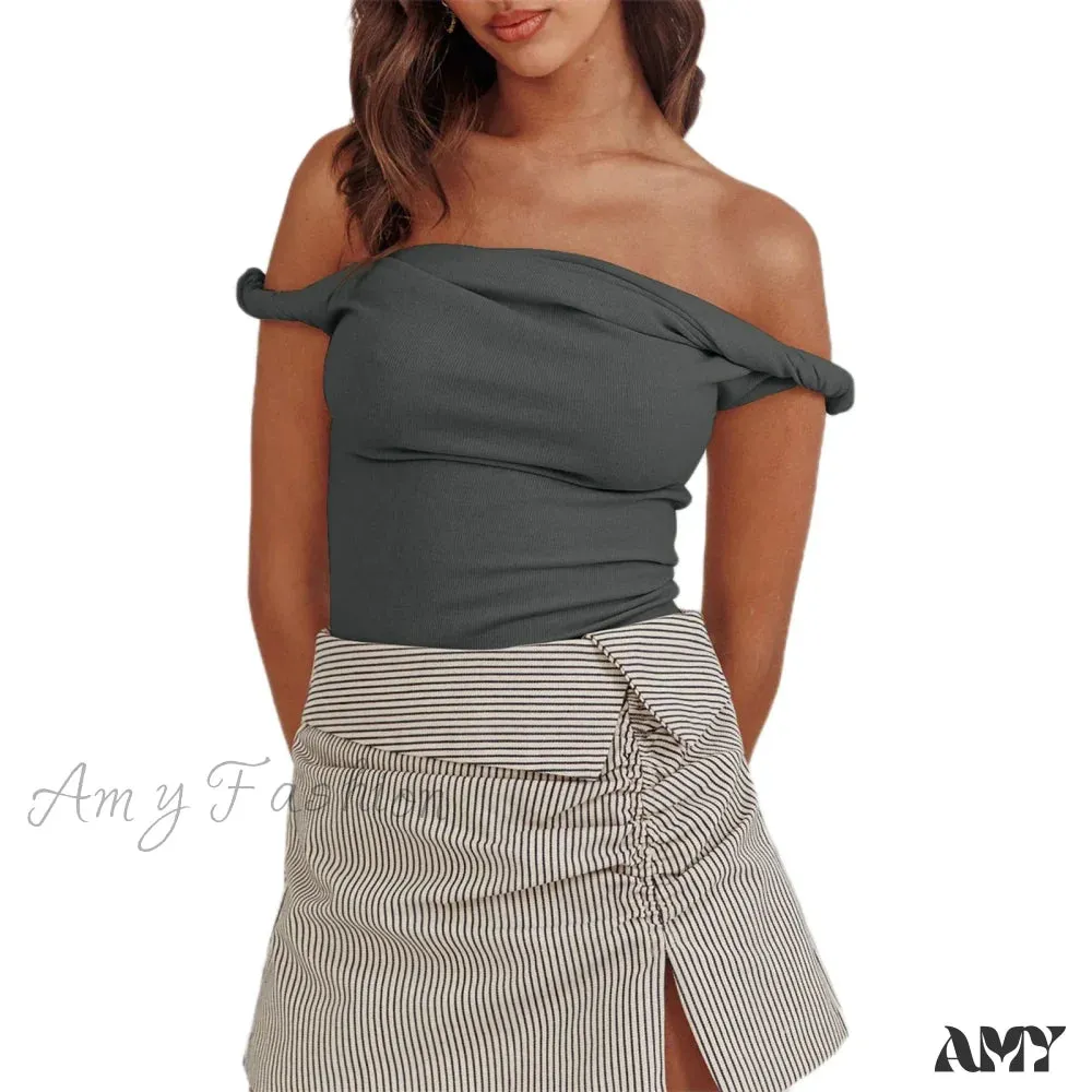 Twisted Off Shoulder Cotton Solid Color Elegant Slim Fit Crop Top