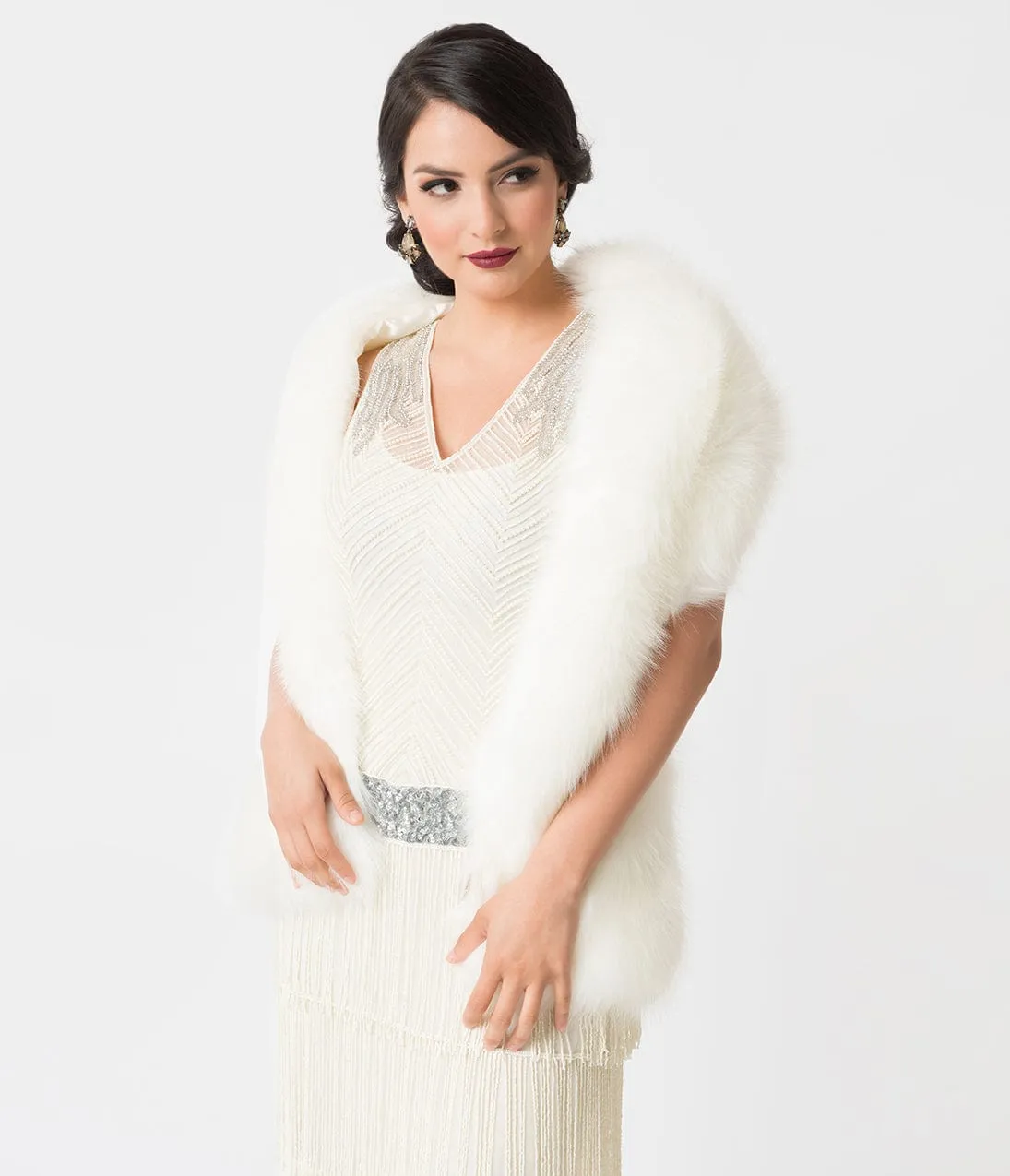 Unique Vintage White Ivory Faux Fur Stole