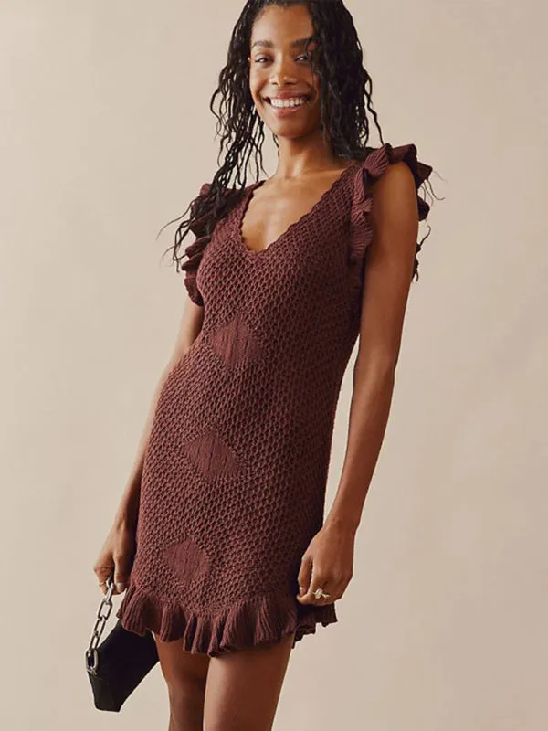 Vacation Knitted Sundress with Ruffle Hem - Stringy Selvedge Dress for Summer