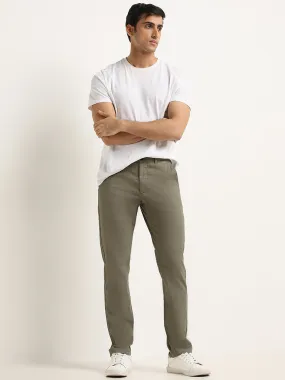 WES Casuals Olive Cotton-Blend Slim Fit Mid Rise Chinos