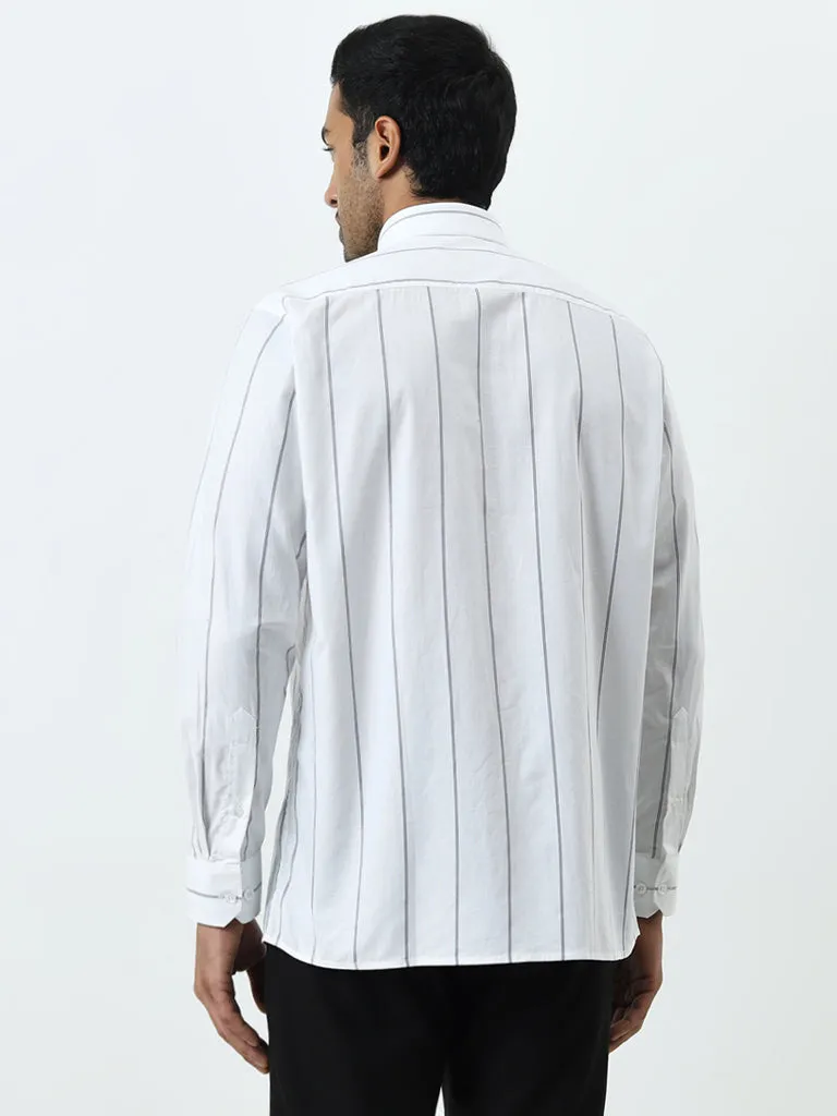 WES Formals White Double Striped Relaxed-Fit Cotton Shirt