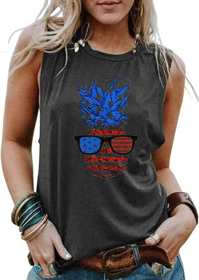 Women American Pineapple Tank Top 4th of July Patriotic Shirt