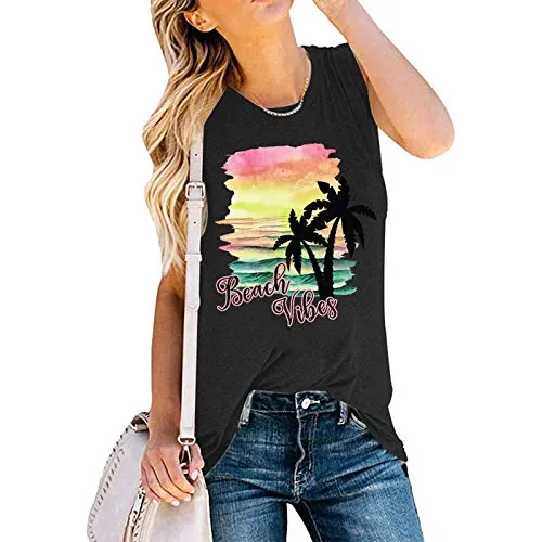 Women Beach Vibes Sleeveless Shirt Beach Tank Top