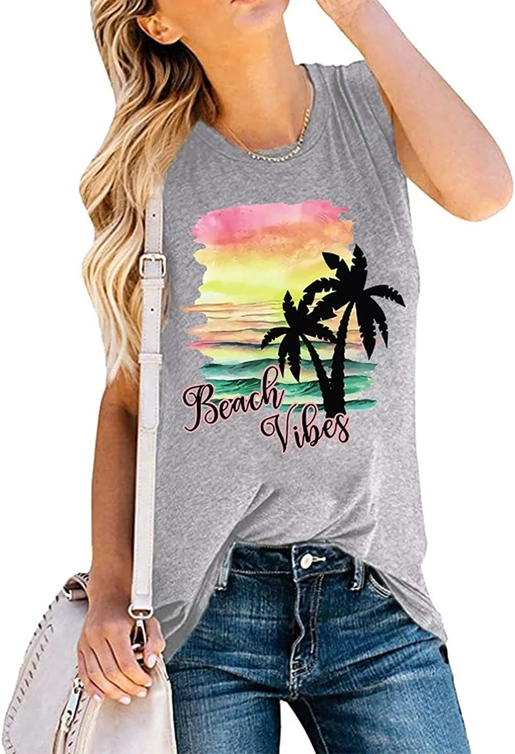 Women Beach Vibes Sleeveless Shirt Beach Tank Top