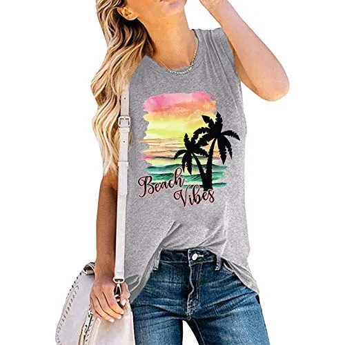 Women Beach Vibes Sleeveless Shirt Beach Tank Top