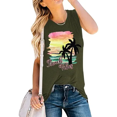 Women Beach Vibes Sleeveless Shirt Beach Tank Top