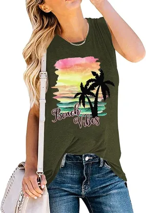 Women Beach Vibes Sleeveless Shirt Beach Tank Top