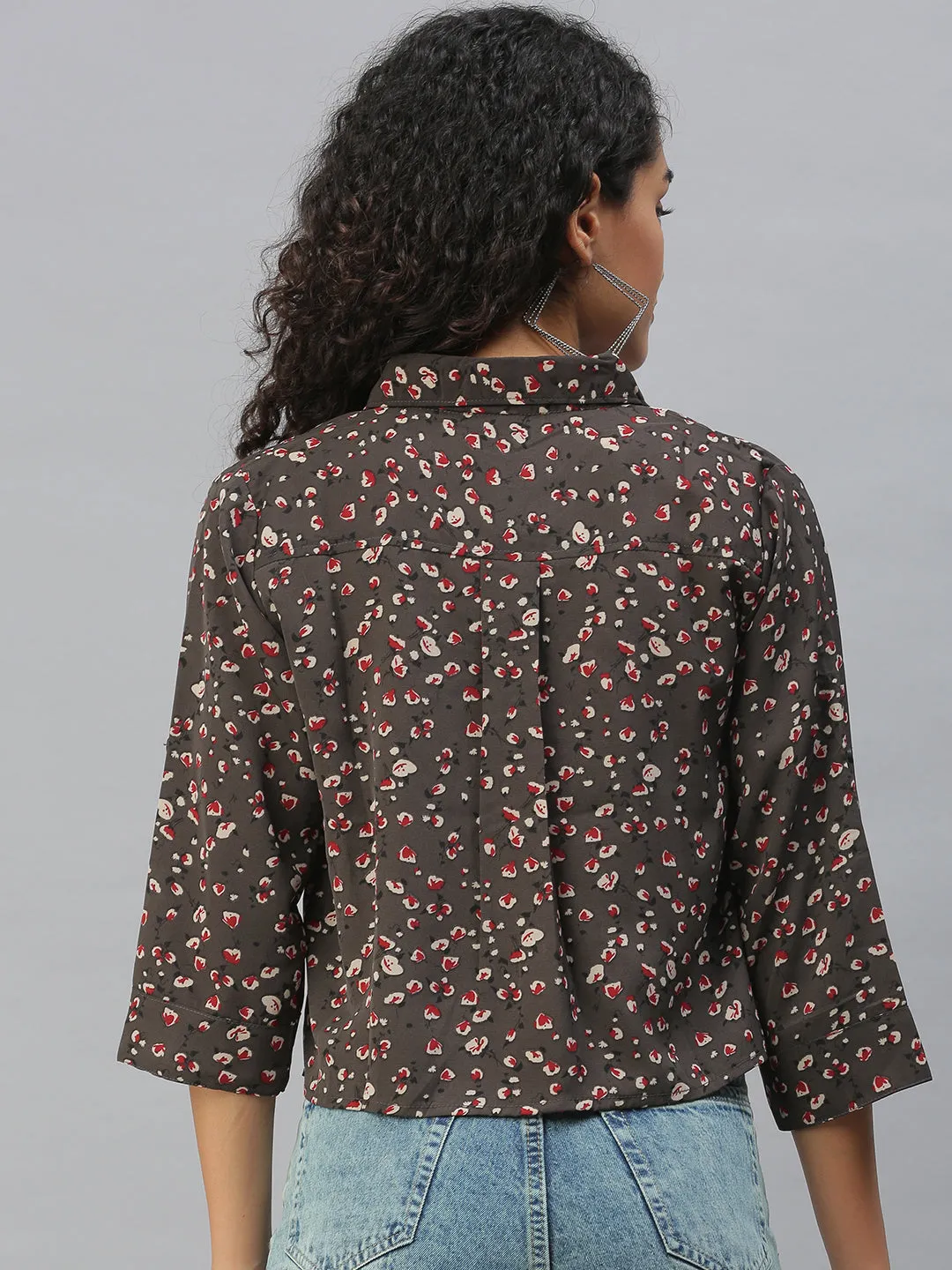 Women Collared Printed Brown Shirts