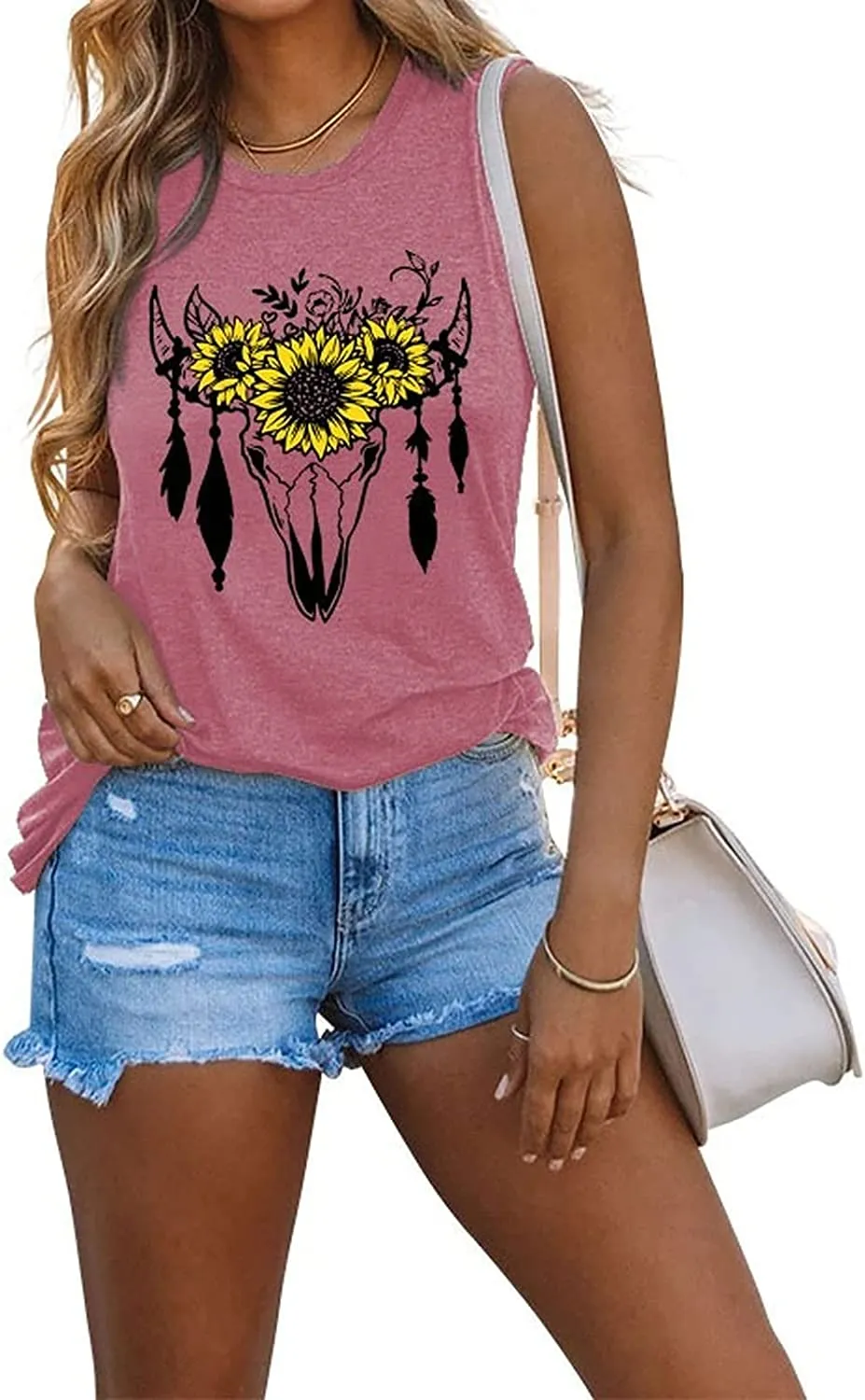 Women Cow Sunflower Headband Muscle Tank