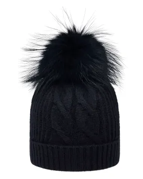 Women's Cable Cashmere Hat With Fur Pom Navy Blue